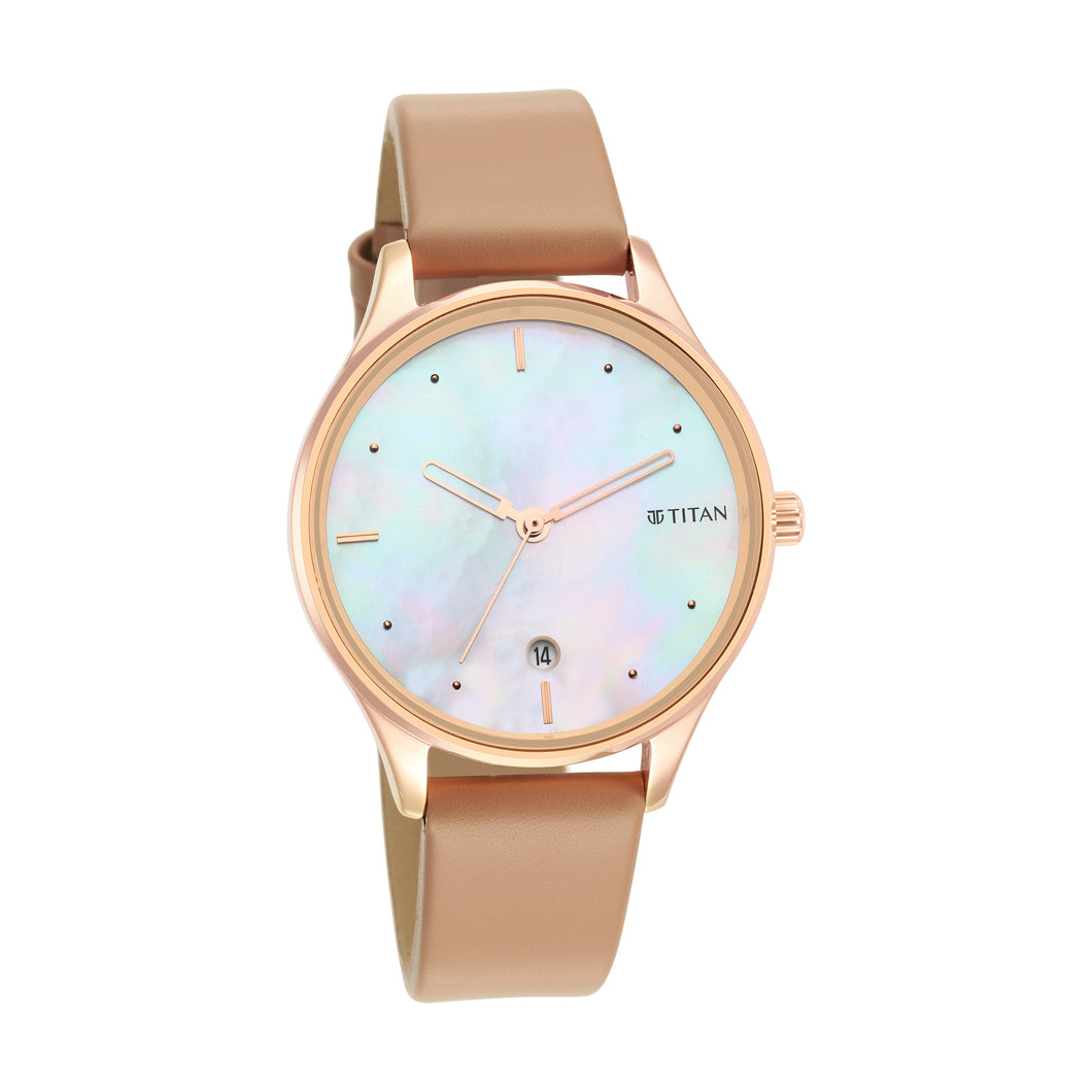 Titan Pastels White Mother of Pearl Dial Analog Watch for Women with Leather strap 2670WL03