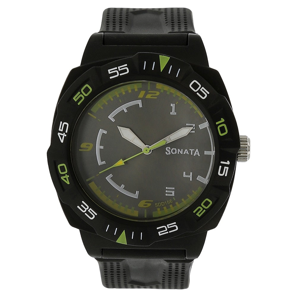 Titan Sonata Men's Watch with Black Dial Black Plastic Strap Watch 77008PP01