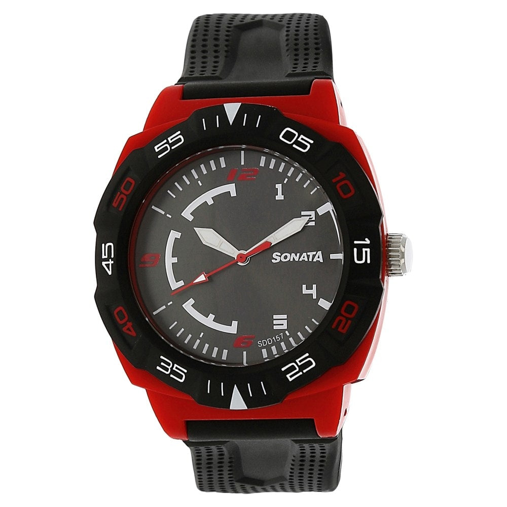 Titan Sonata Men's Watch with Black Dial Black Plastic Strap Watch 77008PP02
