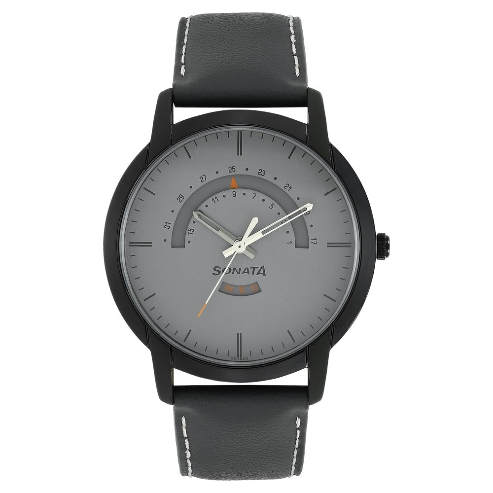 Titan Sonata Reloaded Men's Watch with Grey Dial & Leather Strap 77031NL02