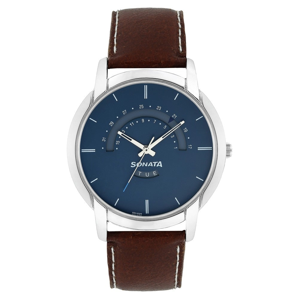Titan Sonata Reloaded Men's Watch with Blue Dial & Leather Strap 77031SL01