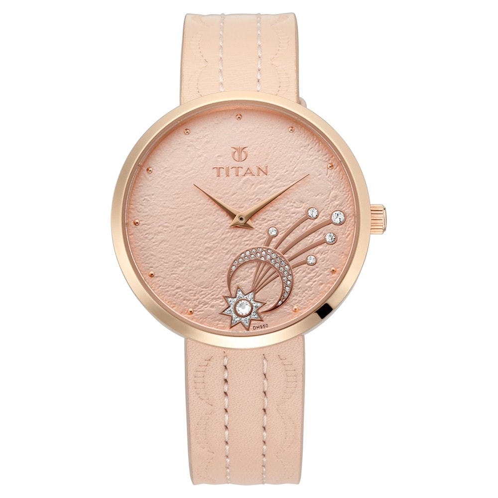 Titan Stellar Women's Watch with Rose Gold Analog Dial and Genuine Pink Leather Strap 95083WL01